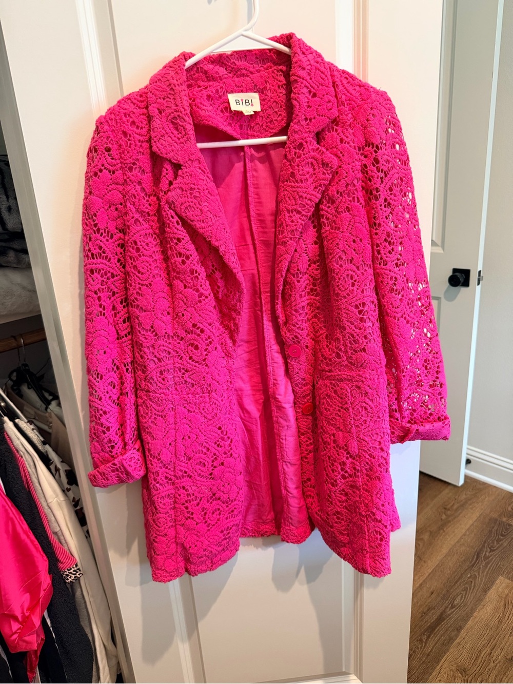 BiBi Vibrant Pink Crochet Lace Blazer